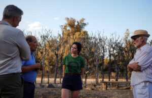 Ayuso visita las áreas afectadas por el fuego del bosque en tres canciones