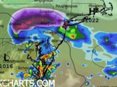 Siniestros gráficos de color violeta oscuro muestran una enorme cantidad de nieve dirigiéndose a Nueva Jersey