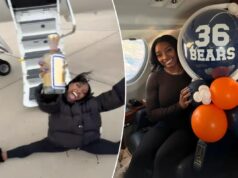 Simone Biles se separa de una botella de tequila después de un viaje en jet privado para el partido del Black Friday de los Bears