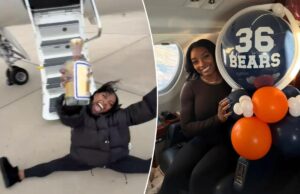 Simone Biles se separa de una botella de tequila después de un viaje en jet privado para el partido del Black Friday de los Bears