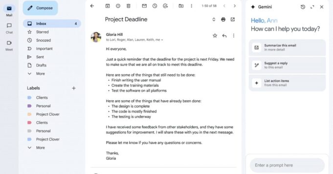 Nuevas funciones de IA de Gmail que reemplazan el panel lateral de Gemini para algunos