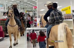 Un vaquero galopa a través de Target a caballo dejando que el personal limpie el desorden