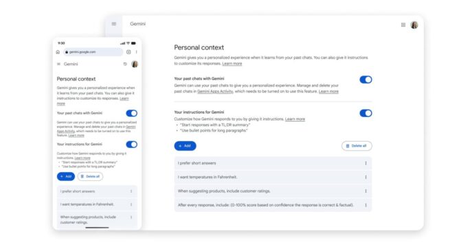 La aplicación Gemini implementa la personalización de ‘Chats pasados’ para usuarios gratuitos