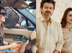 Trisha Krishnan sonríe y se sonroja después de que los fanáticos conversan sobre Vijay