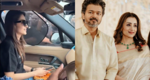 Trisha Krishnan sonríe y se sonroja después de que los fanáticos conversan sobre Vijay