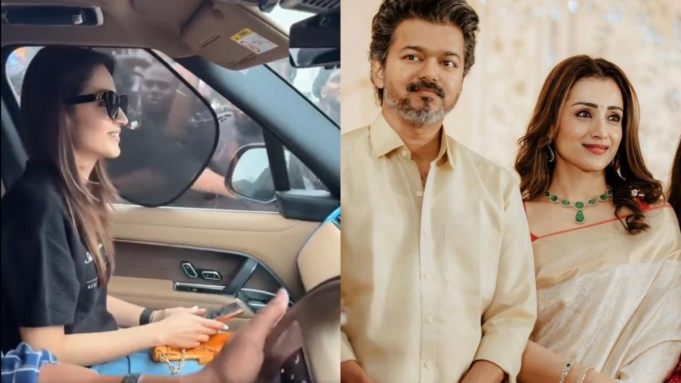 Trisha Krishnan sonríe y se sonroja después de que los fanáticos conversan sobre Vijay