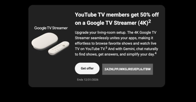 Los suscriptores de YouTube TV pueden obtener un 50% de descuento en Google TV Streamer