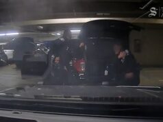 Momento en que un oficial de policía de California dispara accidentalmente a un colega