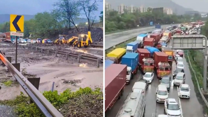 Autopista Pune-Mumbai y antigua carretera cerrada debido a que las fuertes lluvias provocan deslizamientos de tierra